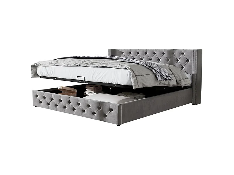 Chesterfield-Truhenbett 140x190 cm, aus grauem Samt, mit Kopfteil, max. Belastung 300 kg, 199x149.5x94.5 cm