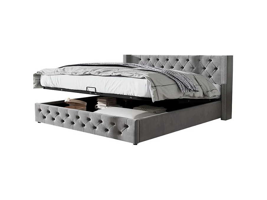 Lit coffre chesterfield 140x190cm, en velours gris, avec tête de lit, charge max 300kg, 199x149.5x94.5cm