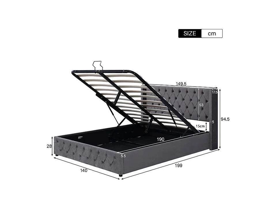 Lit coffre chesterfield 140x190cm, en velours gris, avec tête de lit, charge max 300kg, 199x149.5x94.5cm