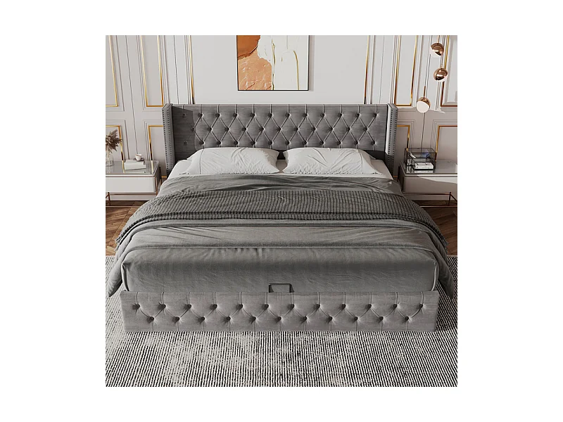 Lit coffre chesterfield 140x190cm, en velours gris, avec tête de lit, charge max 300kg, 199x149.5x94.5cm