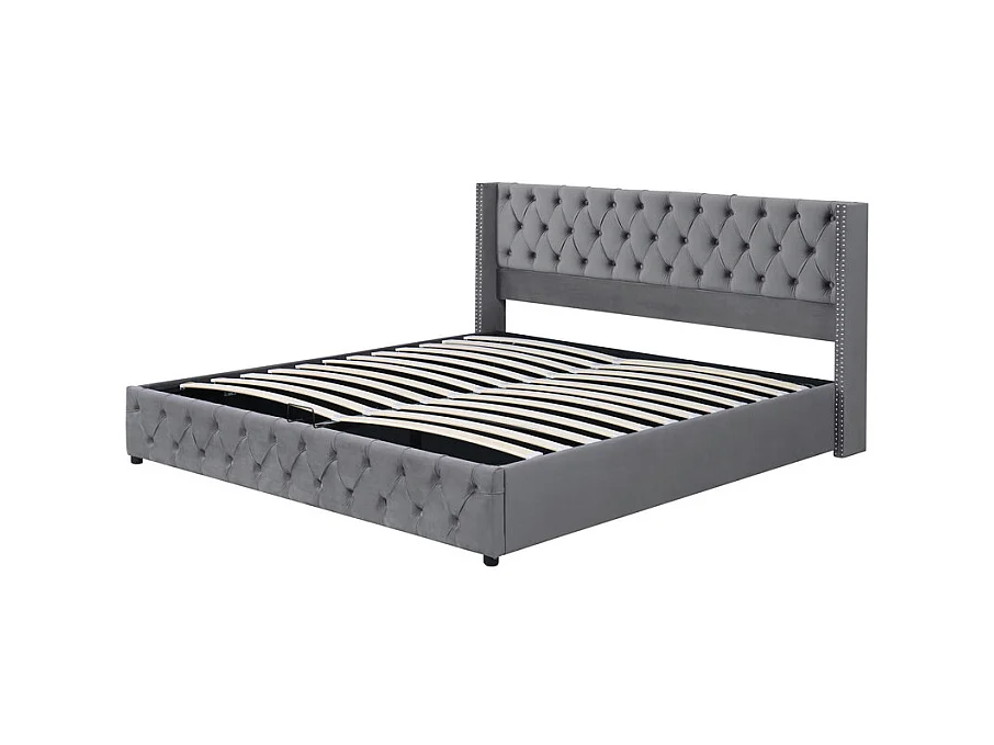 Lit coffre chesterfield 140x190cm, en velours gris, avec tête de lit, charge max 300kg, 199x149.5x94.5cm