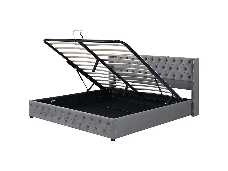 Lit coffre chesterfield 140x190cm, en velours gris, avec tête de lit, charge max 300kg, 199x149.5x94.5cm