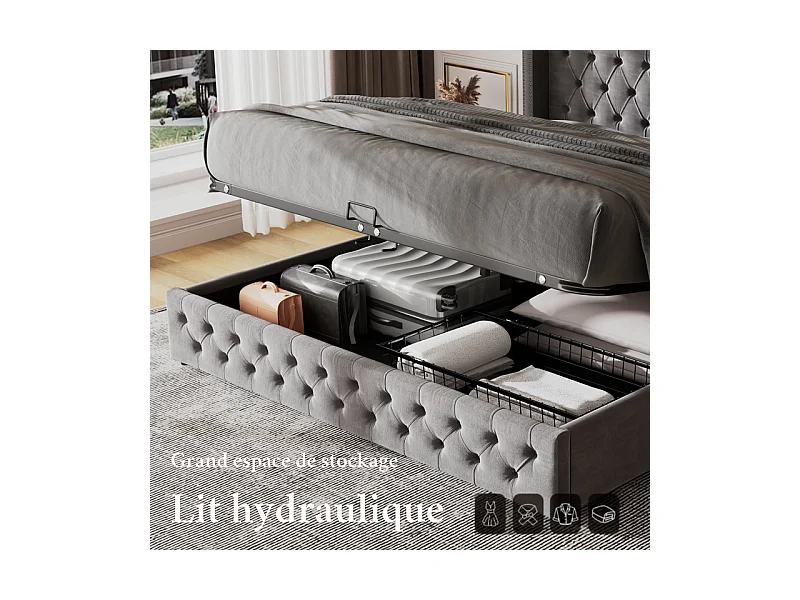 Lit coffre chesterfield 140x190cm, en velours gris, avec tête de lit, charge max 300kg, 199x149.5x94.5cm