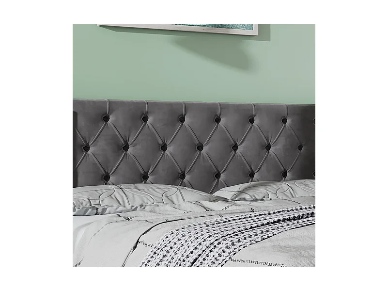 Lit coffre chesterfield 140x190cm, en velours gris, avec tête de lit, charge max 300kg, 199x149.5x94.5cm