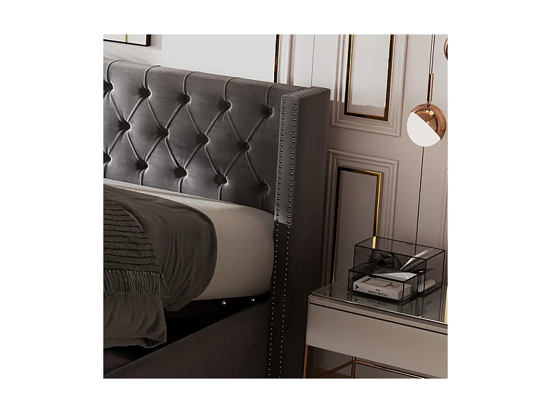 Lit coffre chesterfield 140x190cm, en velours gris, avec tête de lit, charge max 300kg, 199x149.5x94.5cm