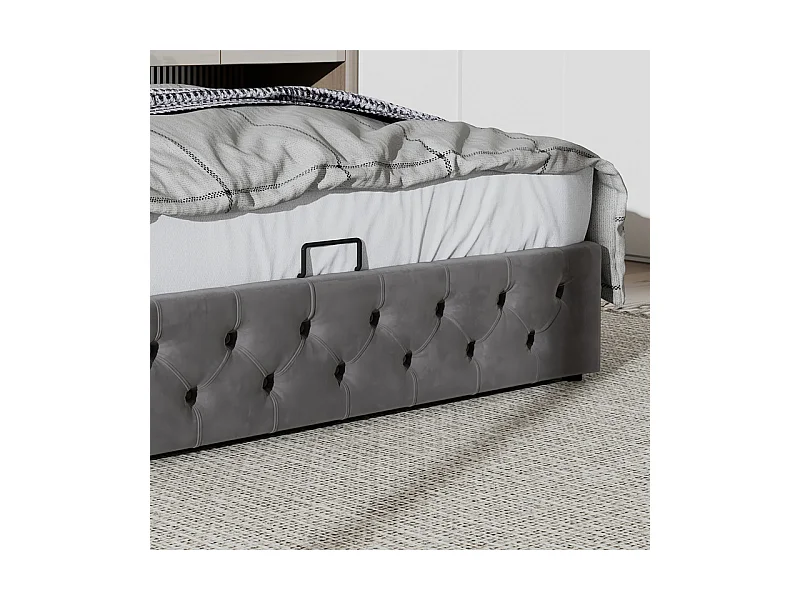 Lit coffre chesterfield 140x190cm, en velours gris, avec tête de lit, charge max 300kg, 199x149.5x94.5cm