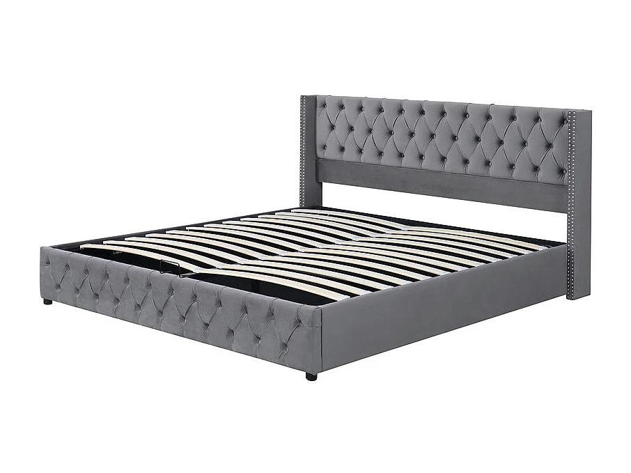 Lit coffre chesterfield 140x190cm, en velours gris, avec tête de lit, charge max 300kg, 199x149.5x94.5cm