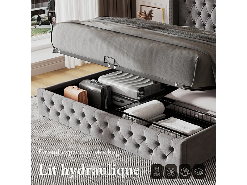 Lit coffre chesterfield 140x190cm, en velours gris, avec tête de lit, charge max 300kg, 199x149.5x94.5cm