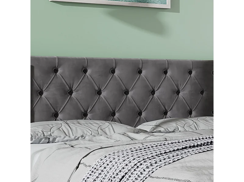 Lit coffre chesterfield 140x190cm, en velours gris, avec tête de lit, charge max 300kg, 199x149.5x94.5cm