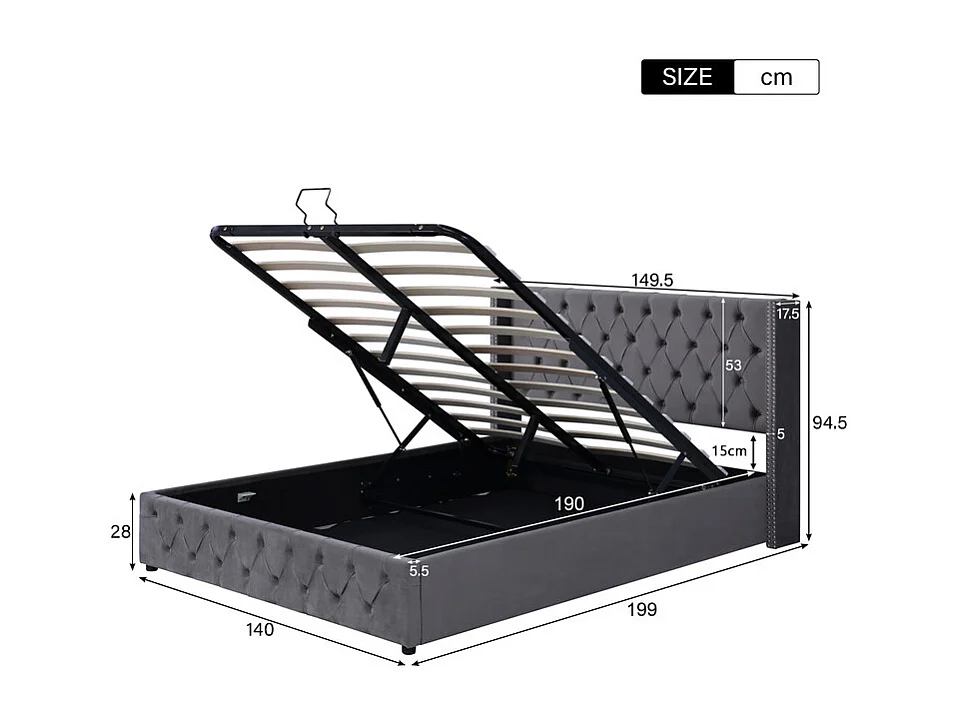 Lit coffre chesterfield 140x190cm, en velours gris, avec tête de lit, charge max 300kg, 199x149.5x94.5cm