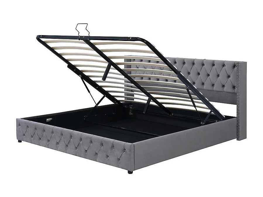 Lit coffre chesterfield 140x190cm, en velours gris, avec tête de lit, charge max 300kg, 199x149.5x94.5cm