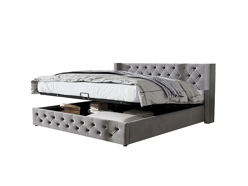 Lit coffre chesterfield 140x190cm, en velours gris, avec tête de lit, charge max 300kg, 199x149.5x94.5cm