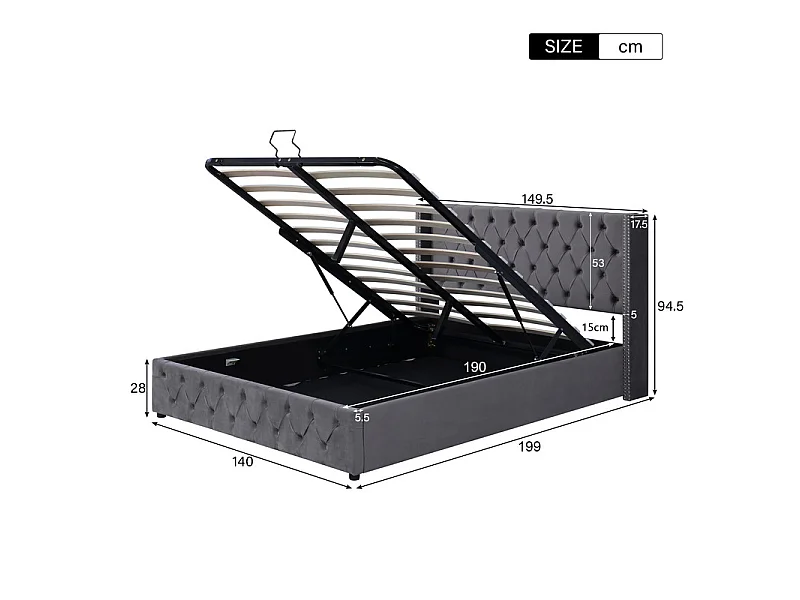 Lit coffre chesterfield 140x190cm, en velours gris, avec tête de lit, charge max 300kg, 199x149.5x94.5cm
