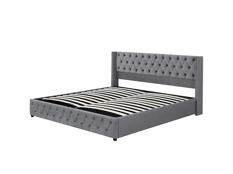 Lit coffre chesterfield 140x190cm, en velours gris, avec tête de lit, charge max 300kg, 199x149.5x94.5cm