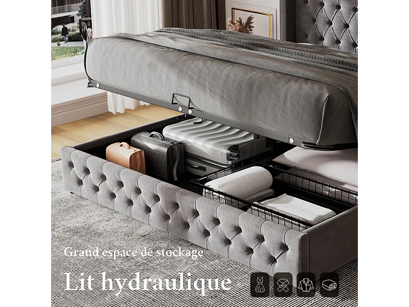 Lit coffre chesterfield 140x190cm, en velours gris, avec tête de lit, charge max 300kg, 199x149.5x94.5cm