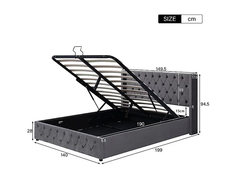 Lit coffre chesterfield 140x190cm, en velours gris, avec tête de lit, charge max 300kg, 199x149.5x94.5cm