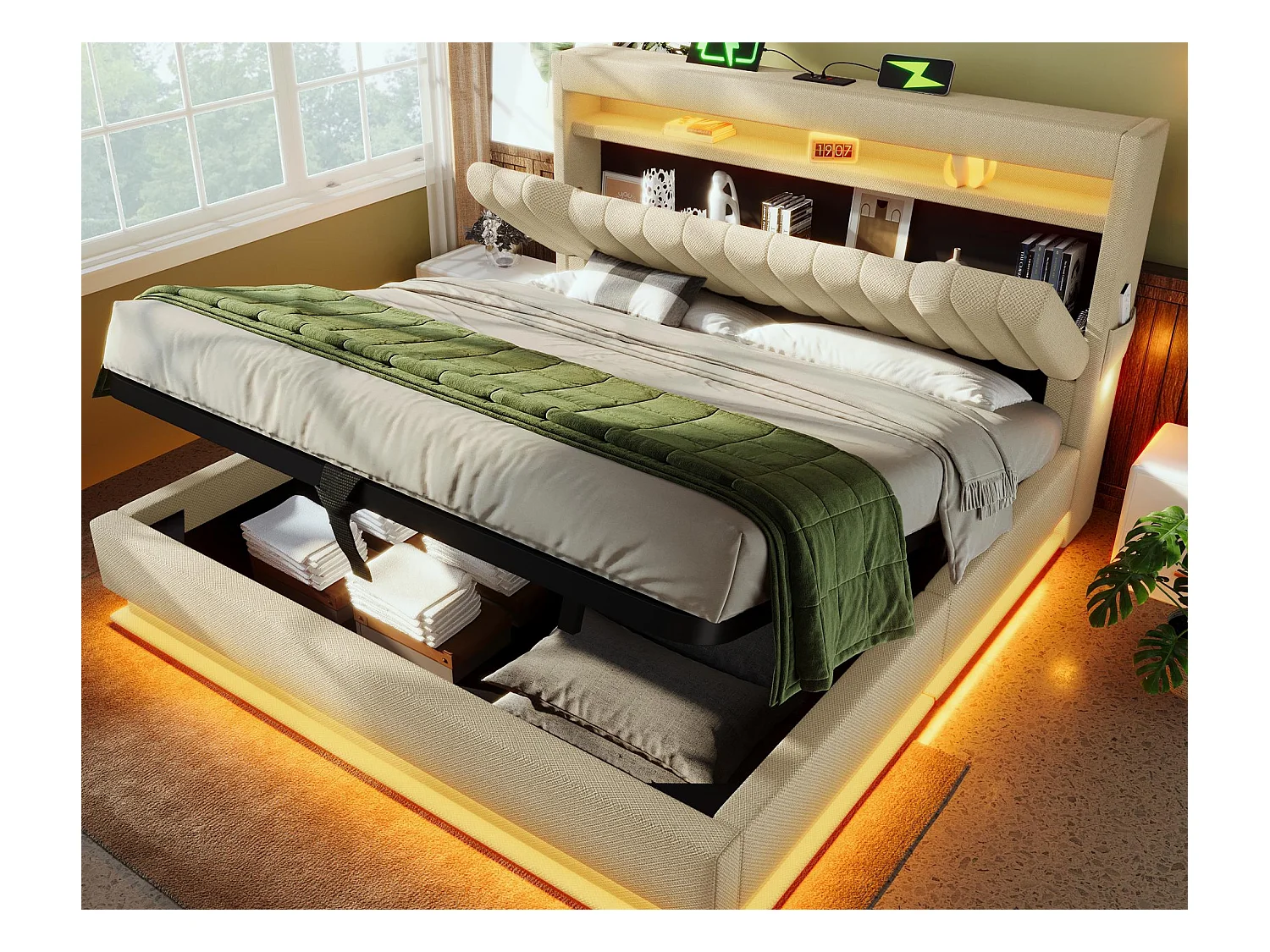 Lit coffre capitonné 160x200cm - avec LED - avec ports USB et Type-C - tissu en Lin - tête de lit avec espace de rangement - Beige