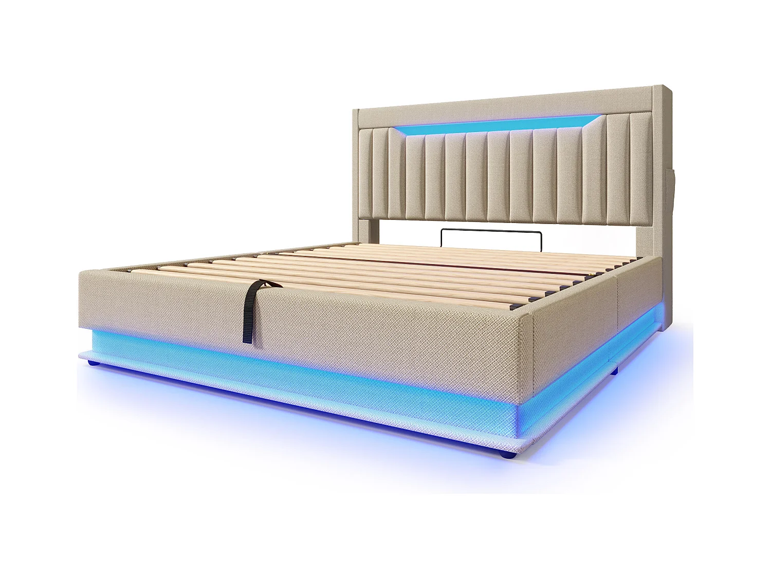 Lit coffre capitonné 160x200cm - avec LED - avec ports USB et Type-C - tissu en Lin - tête de lit avec espace de rangement - Beige