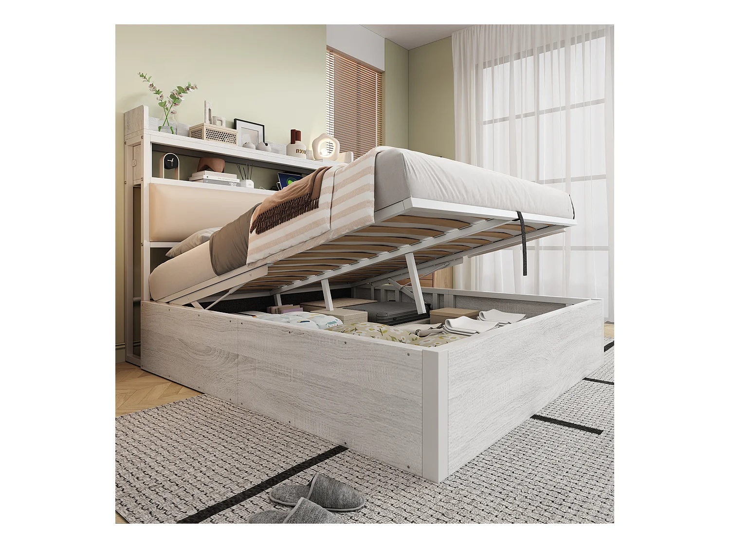 Opbergbed 140x200 cm - met USB-poort en planken - Wit (matras niet inbegrepen)