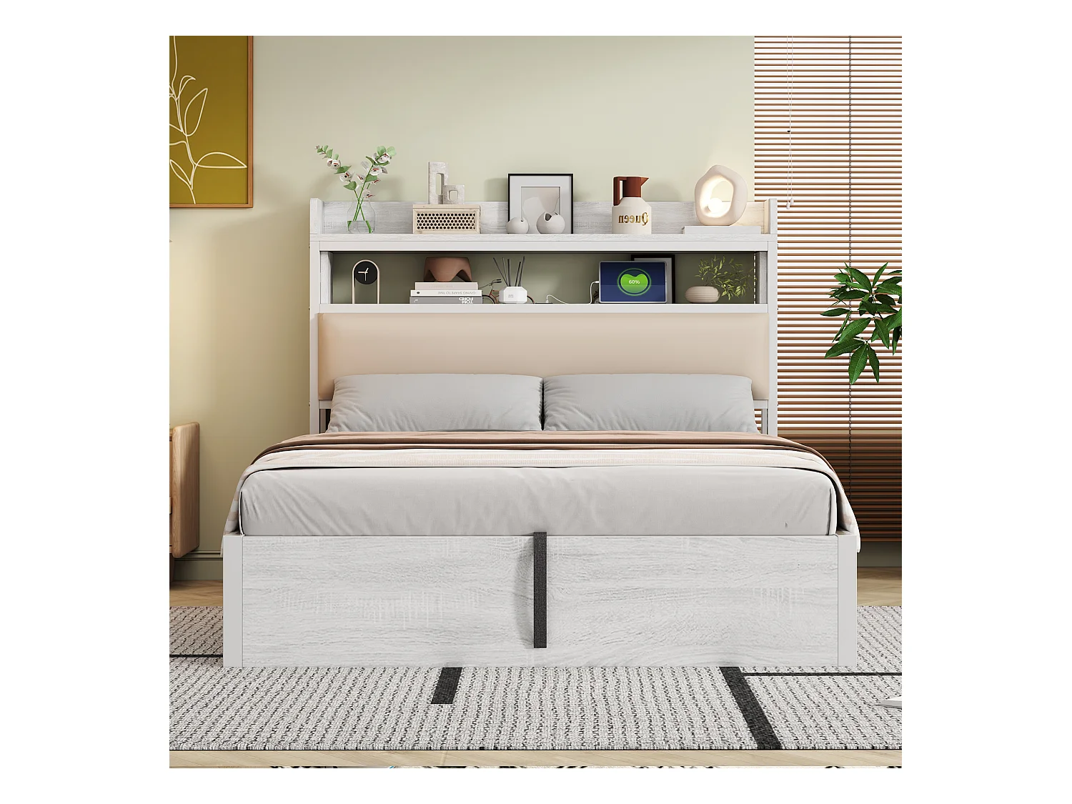 Opbergbed 140x200 cm - met USB-poort en planken - Wit (matras niet inbegrepen)