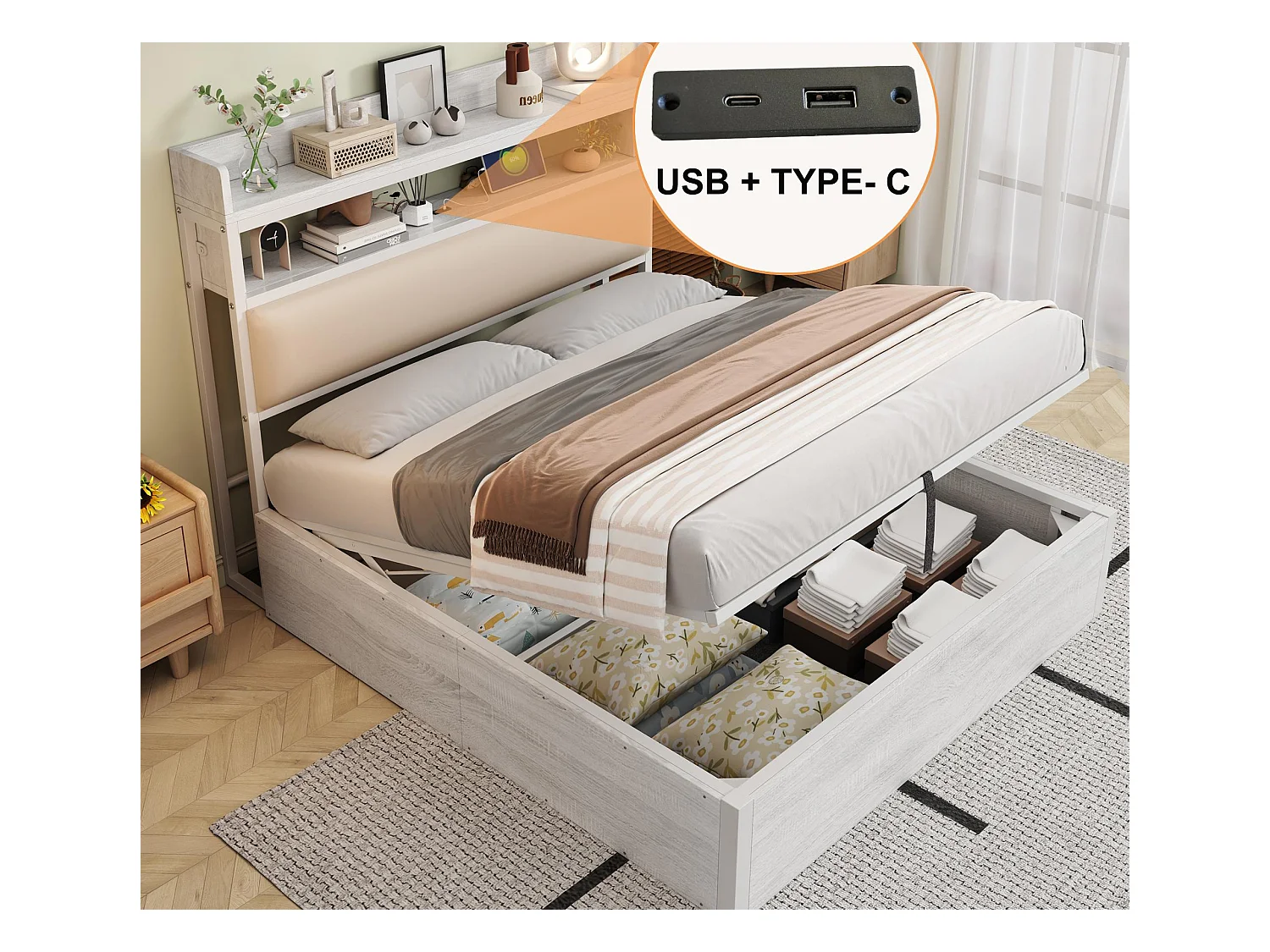 Lit de rangement 140x200 cm - avec port USB et étagères - Blanc (matelas non inclus)