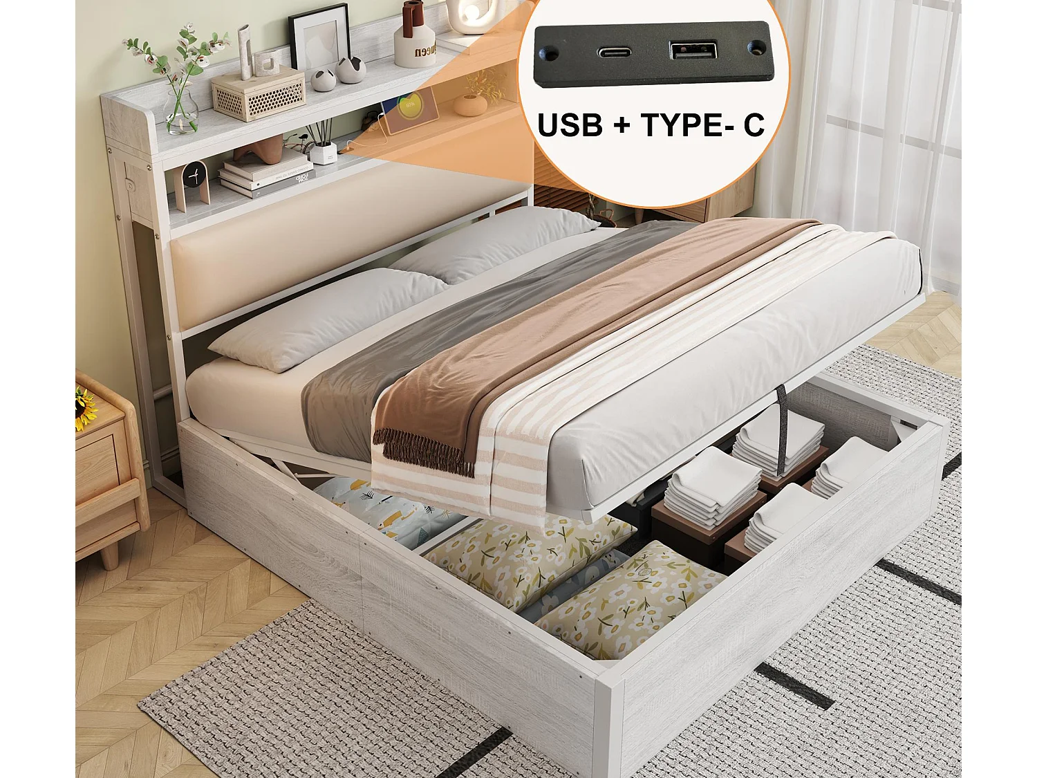 Lit de rangement 140x200 cm - avec port USB et étagères - Blanc (matelas non inclus)