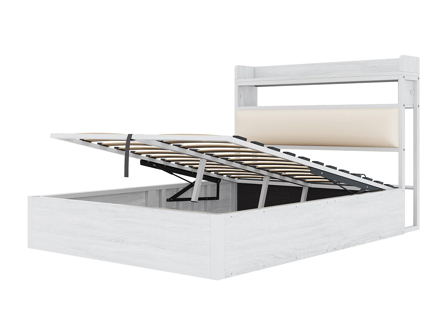 Lit de rangement 140x200 cm - avec port USB et étagères - Blanc (matelas non inclus)