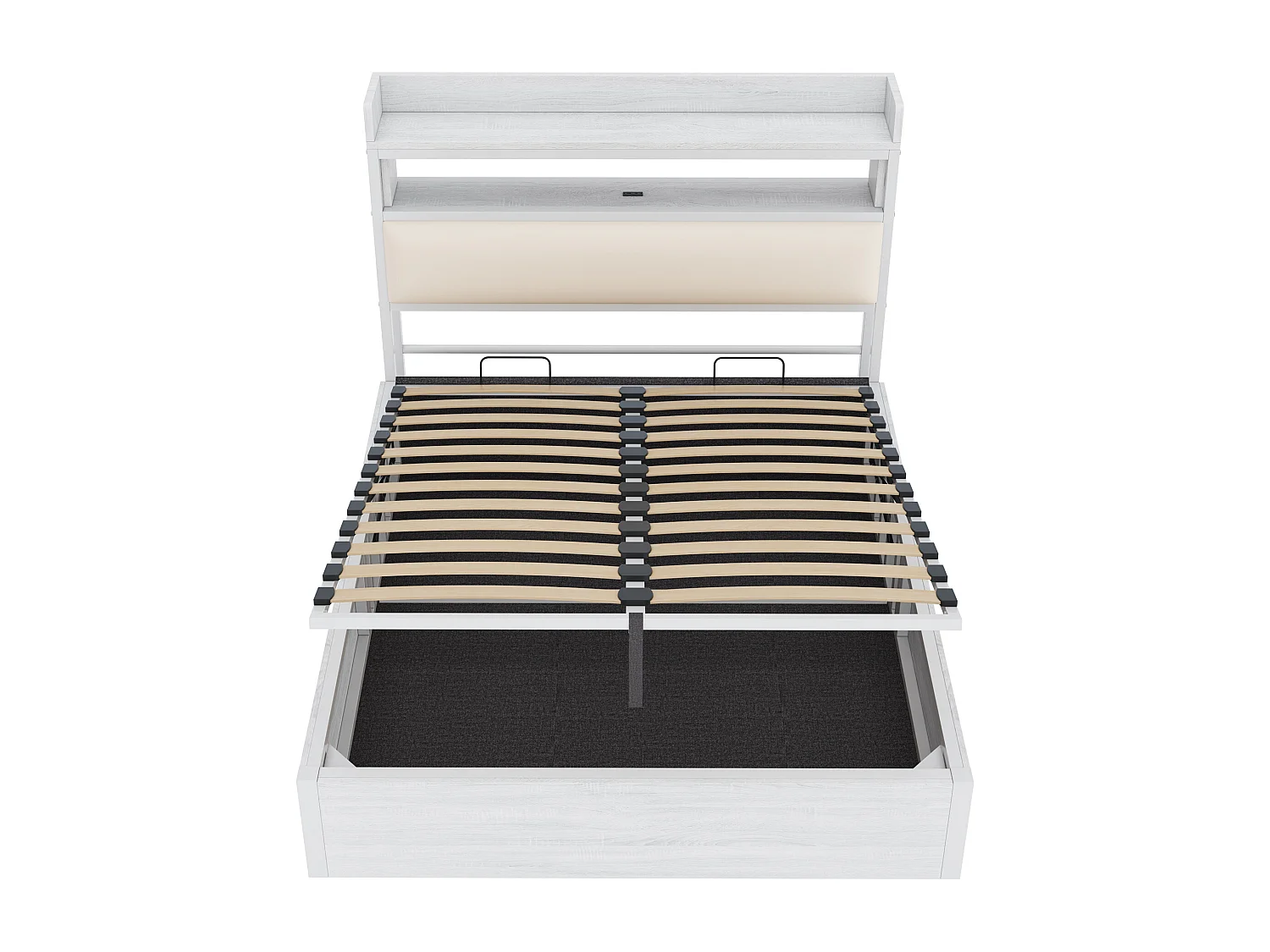 Lit de rangement 140x200 cm - avec port USB et étagères - Blanc (matelas non inclus)