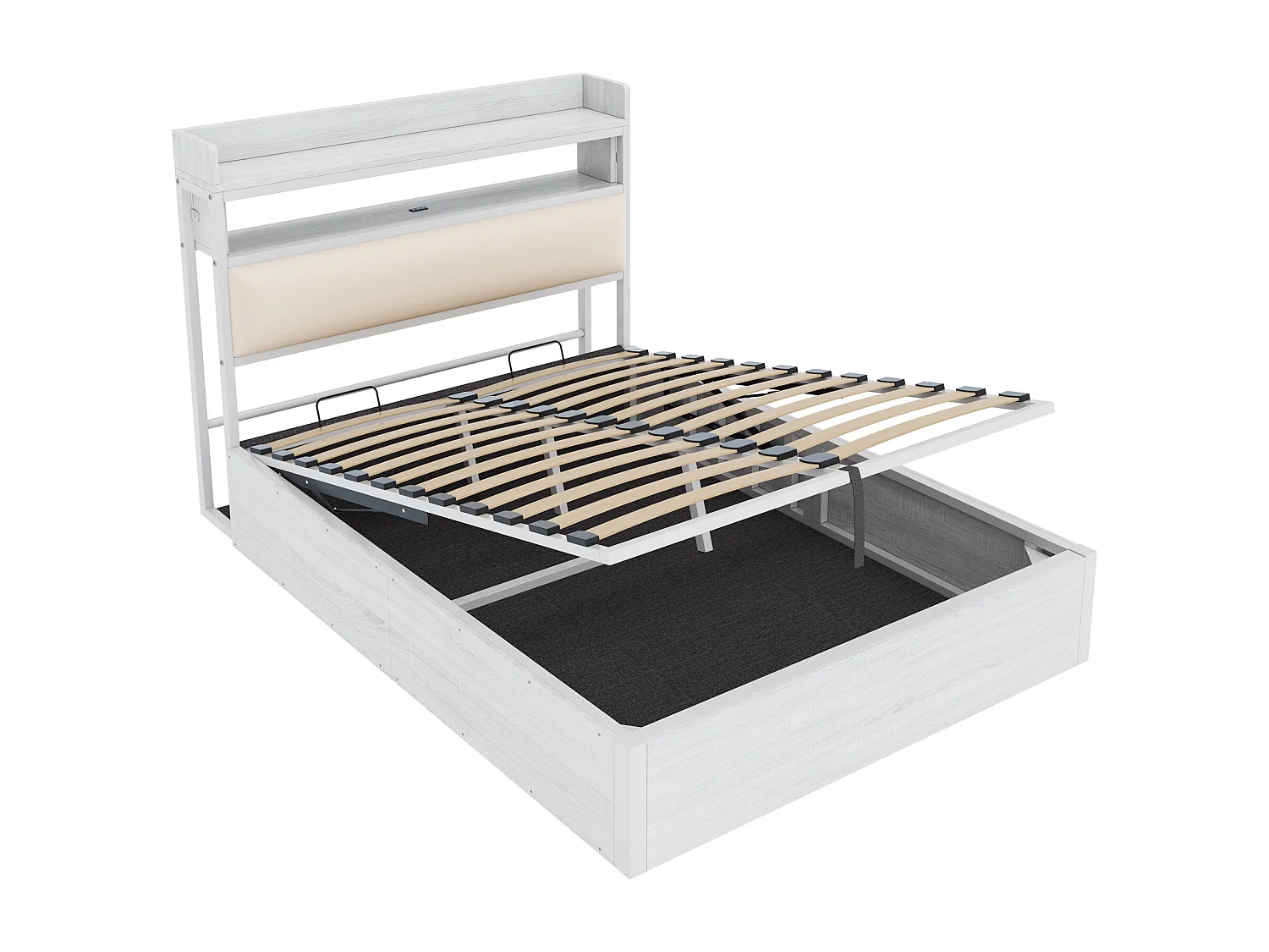 Lit de rangement 140x200 cm - avec port USB et étagères - Blanc (matelas non inclus)