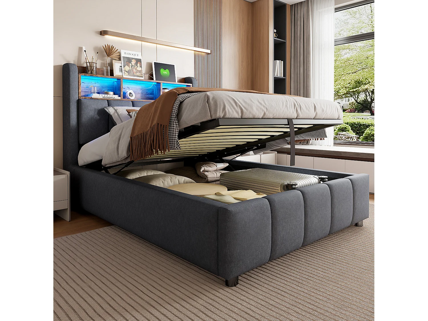 Lit coffre capitonné - 90 x 200 cm - avec Leds + port USB + tête de lit avec étagères de rangements - lin + métal + contreplaqué + MDF - gris