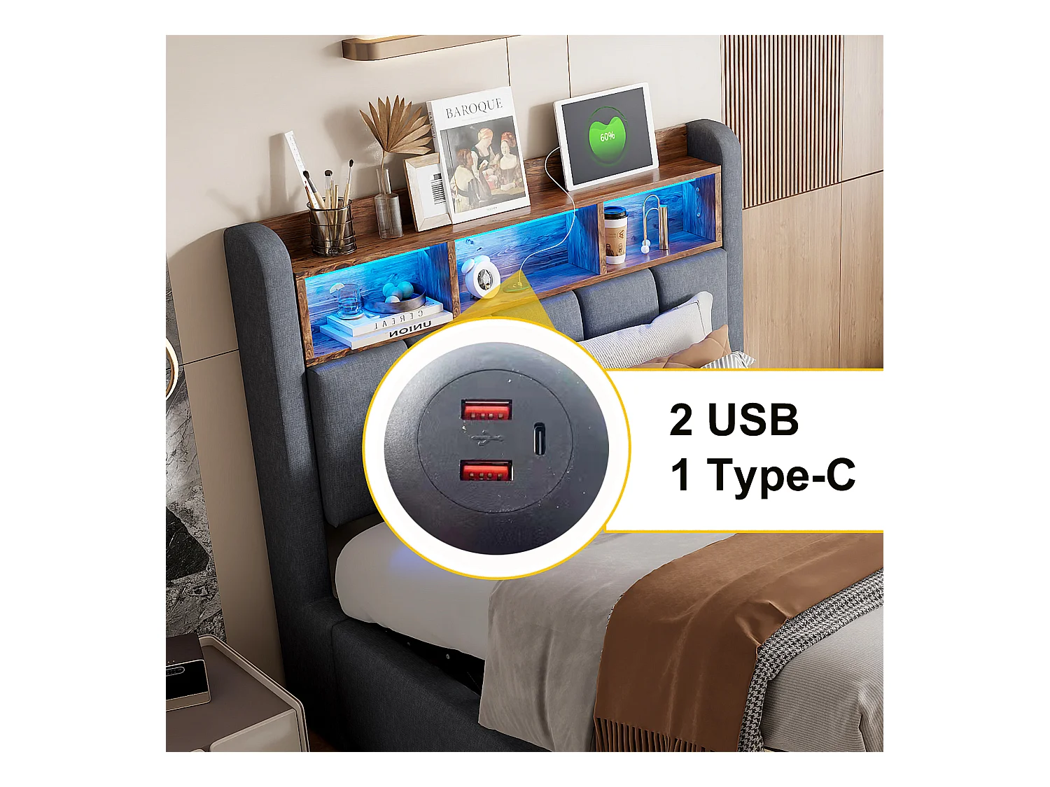 Lit coffre capitonné - 90 x 200 cm - avec Leds + port USB + tête de lit avec étagères de rangements - lin + métal + contreplaqué + MDF - gris