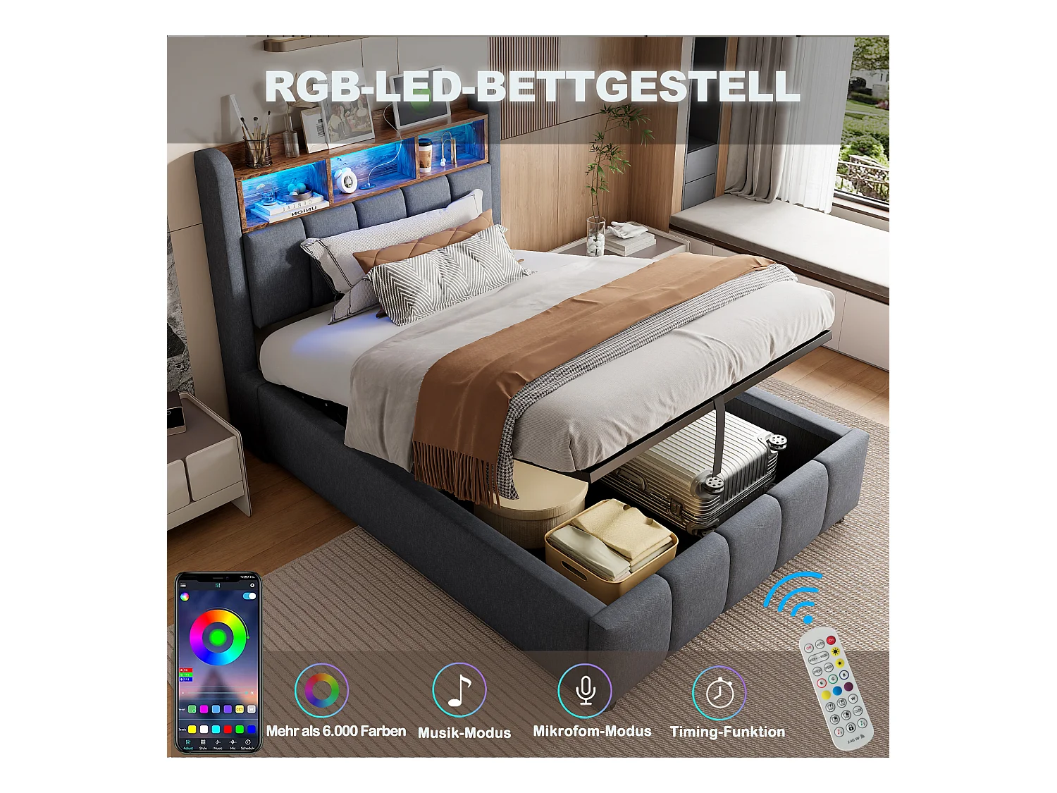 Lit coffre capitonné - 90 x 200 cm - avec Leds + port USB + tête de lit avec étagères de rangements - lin + métal + contreplaqué + MDF - gris