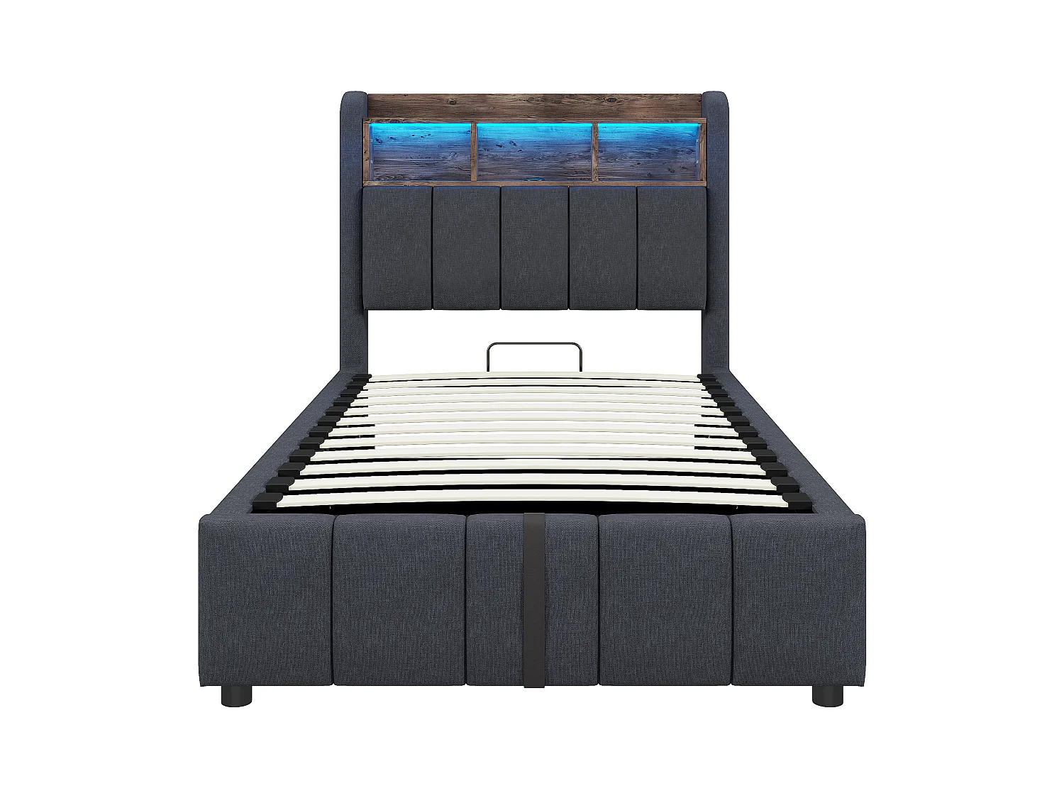 Lit coffre capitonné - 90 x 200 cm - avec Leds + port USB + tête de lit avec étagères de rangements - lin + métal + contreplaqué + MDF - gris