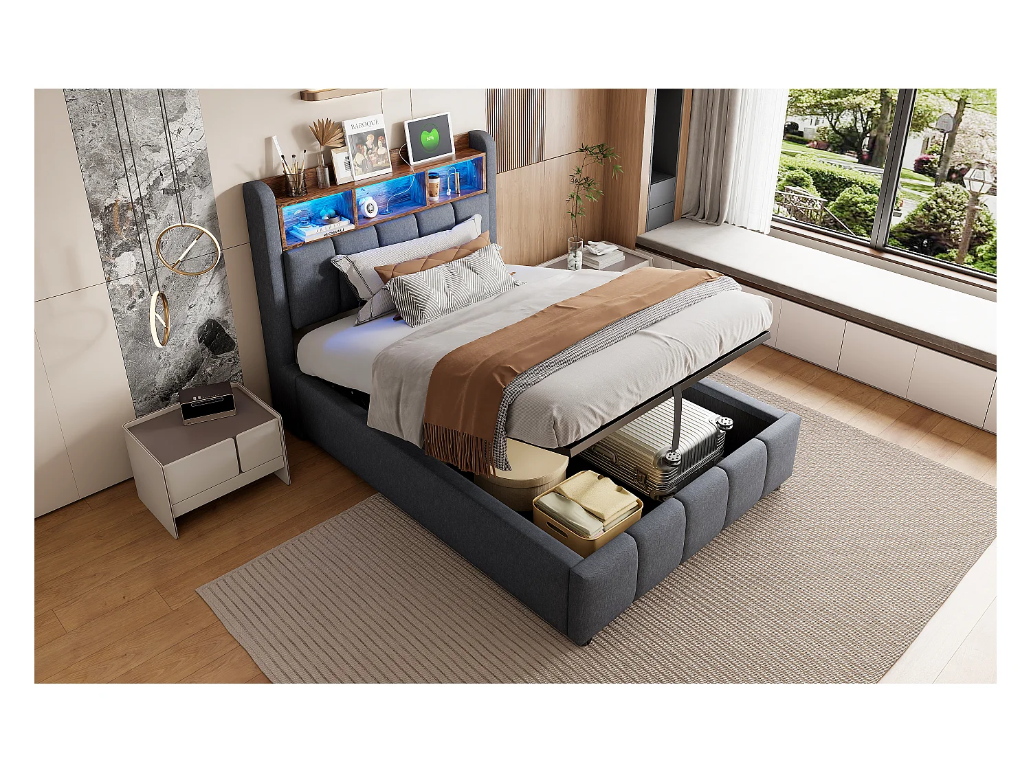 Lit coffre capitonné - 90 x 200 cm - avec Leds + port USB + tête de lit avec étagères de rangements - lin + métal + contreplaqué + MDF - gris