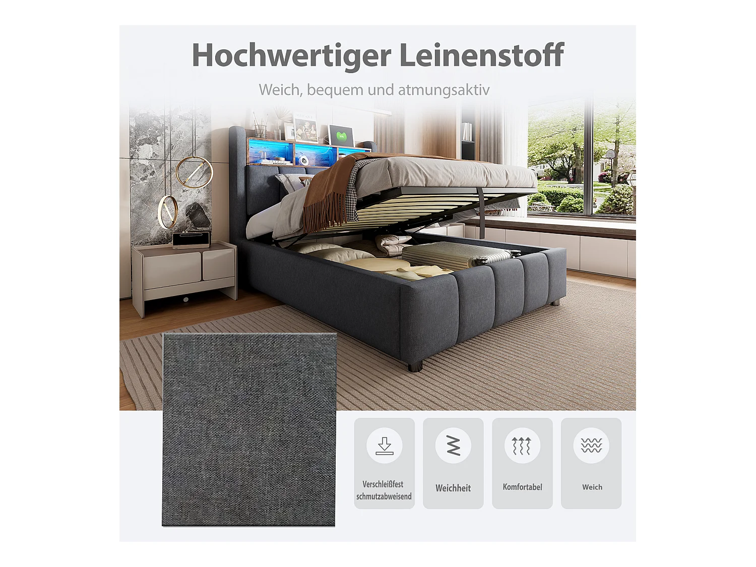 Lit coffre capitonné - 90 x 200 cm - avec Leds + port USB + tête de lit avec étagères de rangements - lin + métal + contreplaqué + MDF - gris