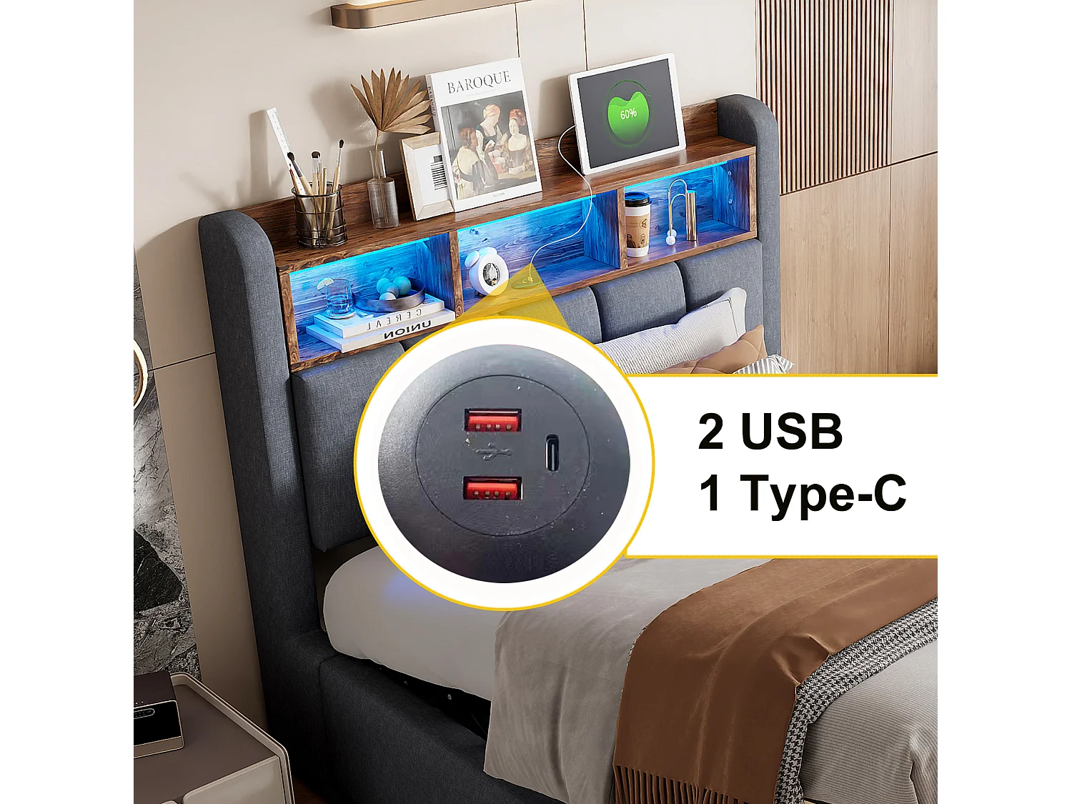 Lit coffre capitonné - 90 x 200 cm - avec Leds + port USB + tête de lit avec étagères de rangements - lin + métal + contreplaqué + MDF - gris