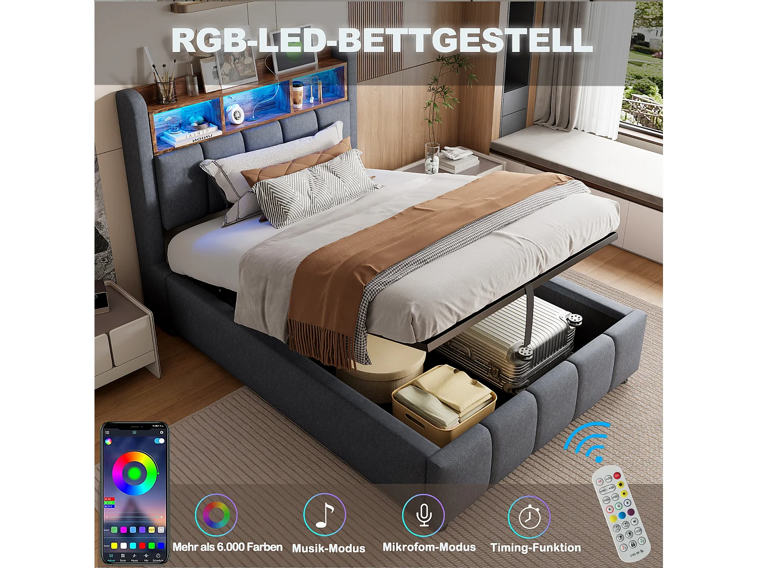 Lit coffre capitonné - 90 x 200 cm - avec Leds + port USB + tête de lit avec étagères de rangements - lin + métal + contreplaqué + MDF - gris