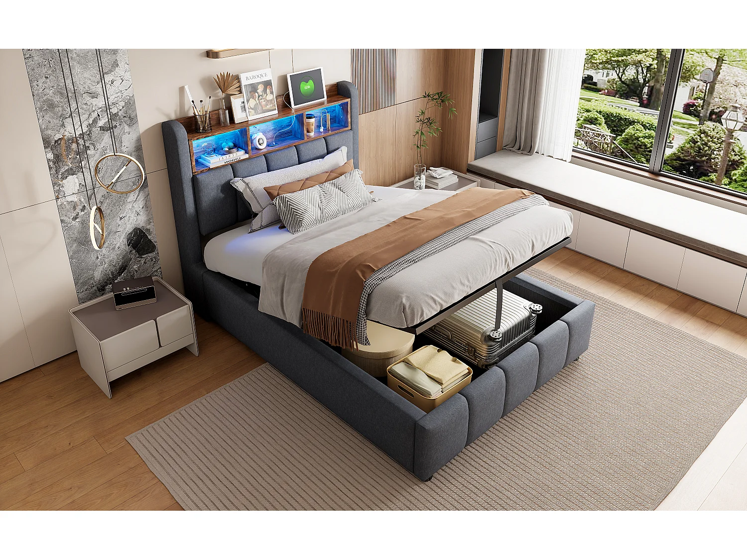 Lit coffre capitonné - 90 x 200 cm - avec Leds + port USB + tête de lit avec étagères de rangements - lin + métal + contreplaqué + MDF - gris