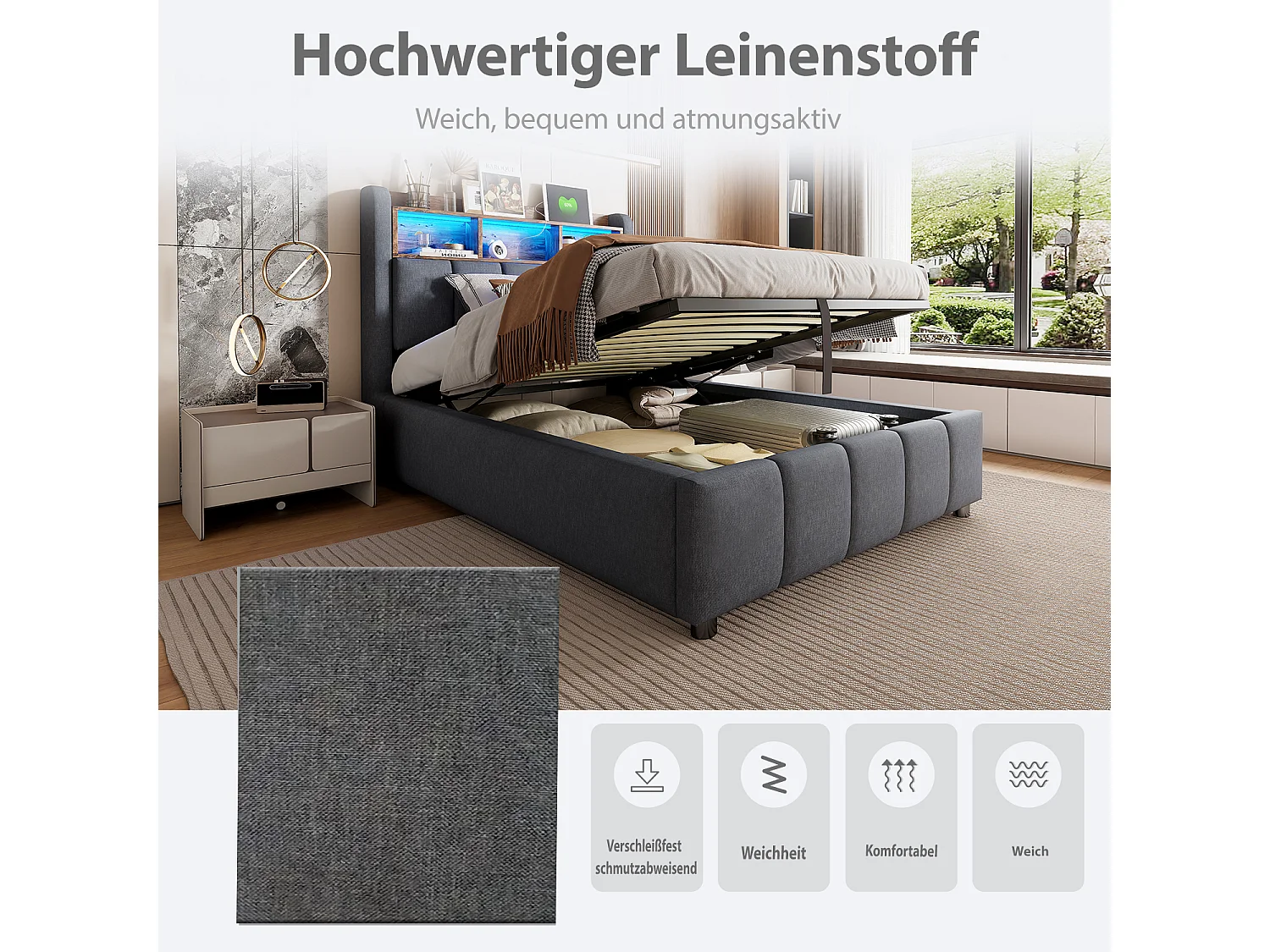 Lit coffre capitonné - 90 x 200 cm - avec Leds + port USB + tête de lit avec étagères de rangements - lin + métal + contreplaqué + MDF - gris