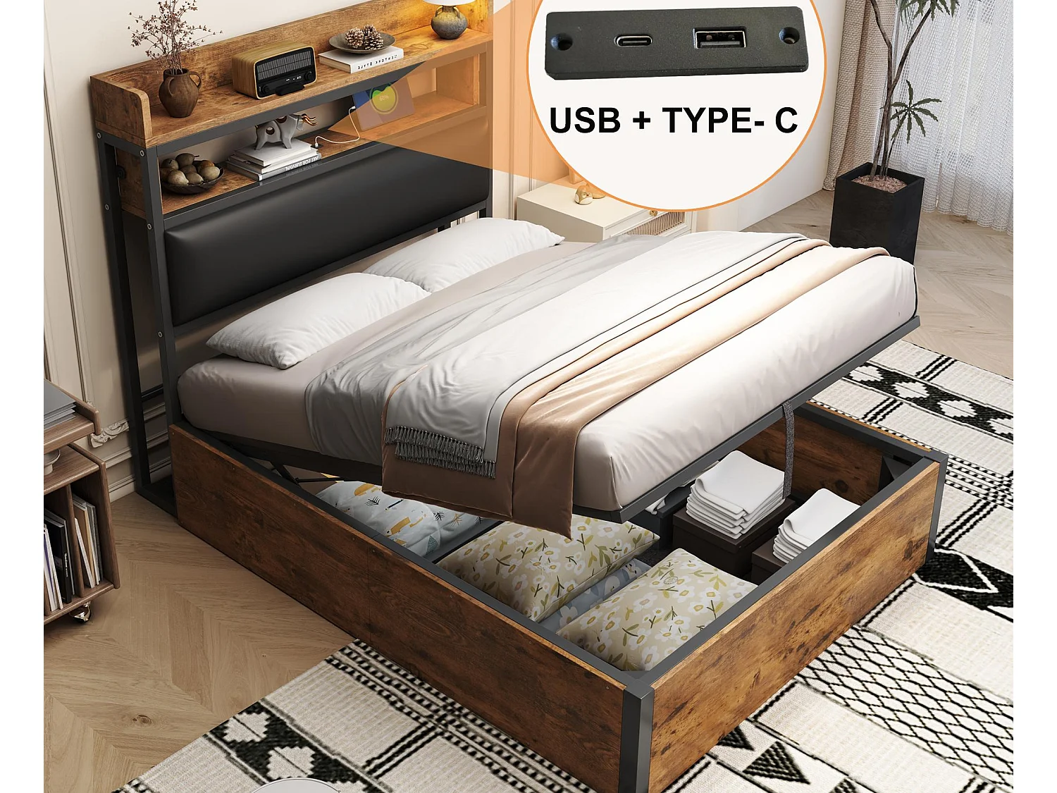 Letto con contenitore 90x200 cm - con porta USB e ripiani - nero (materasso non incluso)