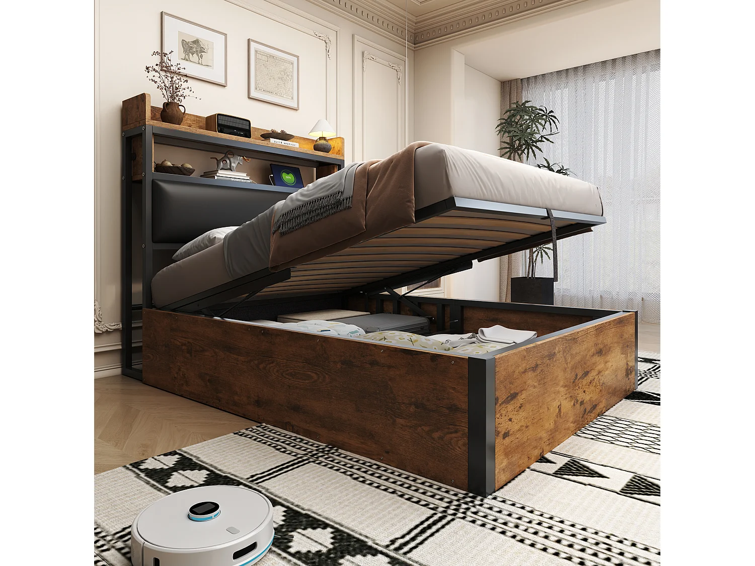 Letto con contenitore 90x200 cm - con porta USB e ripiani - nero (materasso non incluso)