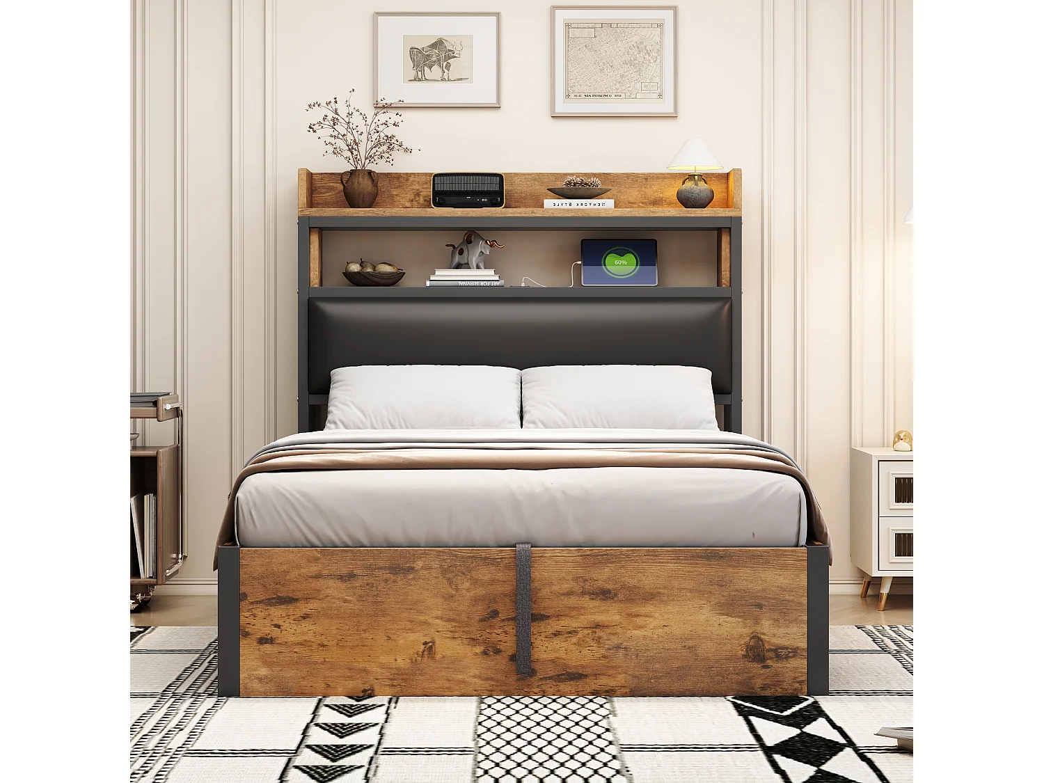 Letto con contenitore 90x200 cm - con porta USB e ripiani - nero (materasso non incluso)