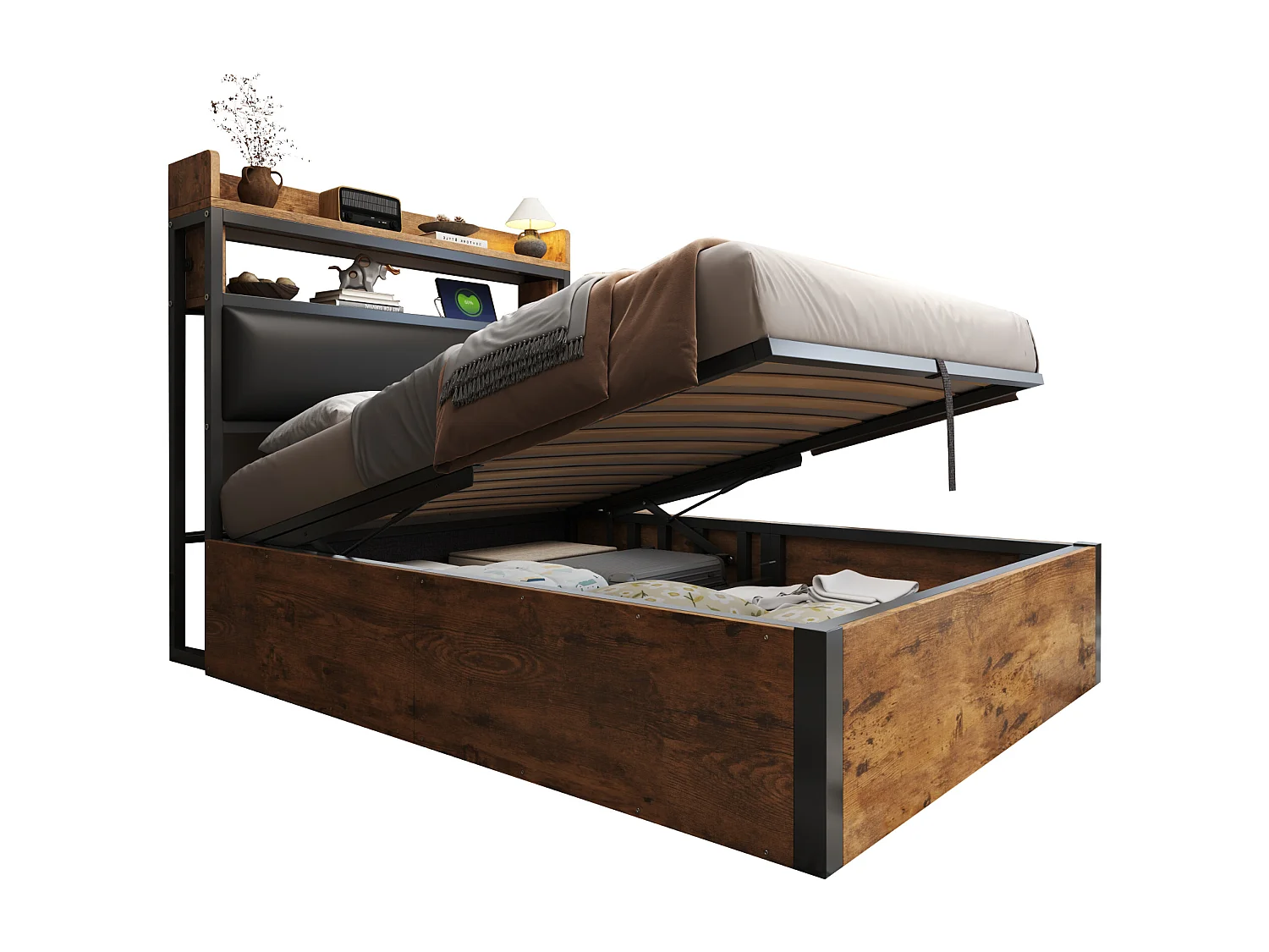 Letto con contenitore 90x200 cm - con porta USB e ripiani - nero (materasso non incluso)