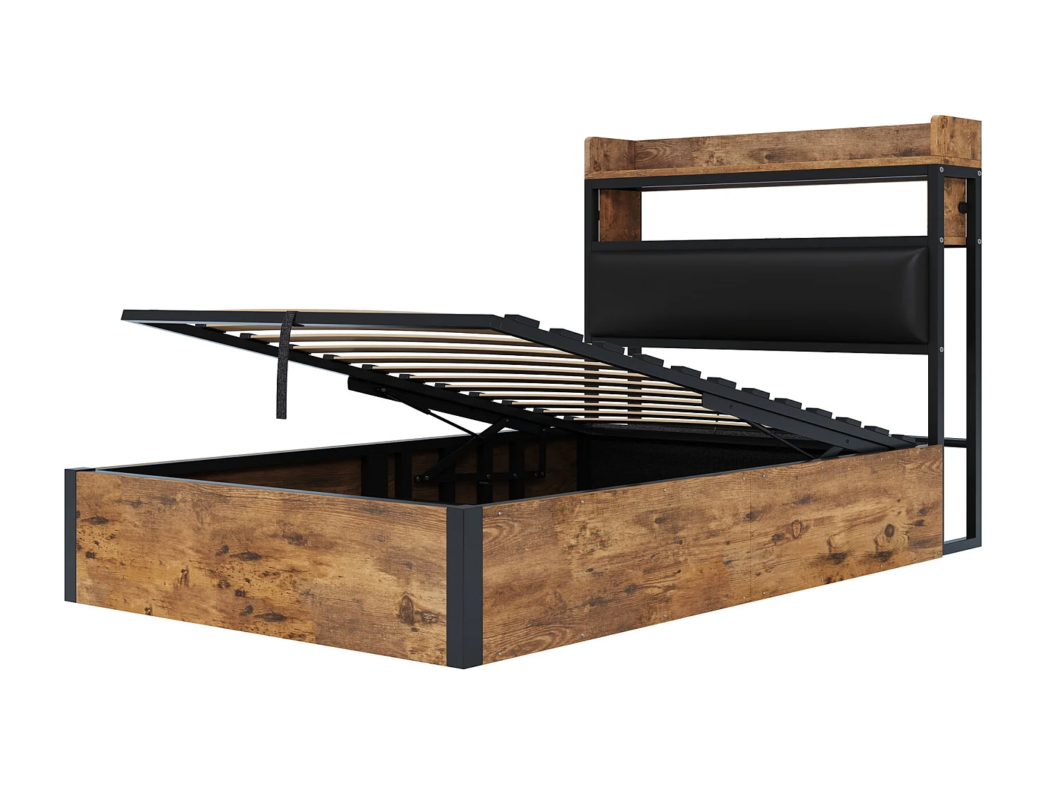 Letto con contenitore 90x200 cm - con porta USB e ripiani - nero (materasso non incluso)