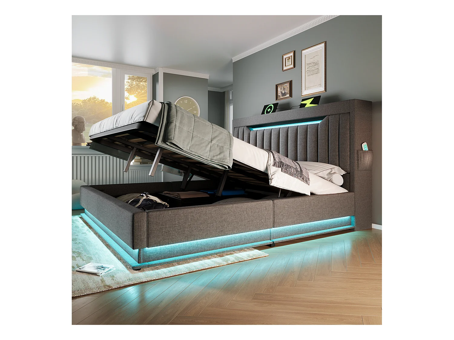Lit coffre capitonné 160x200cm - avec LED - avec ports USB et Type-C - tissu en Lin - tête de lit avec espace de rangement - Gris