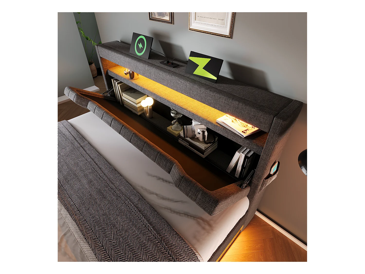 Lit coffre capitonné 160x200cm - avec LED - avec ports USB et Type-C - tissu en Lin - tête de lit avec espace de rangement - Gris
