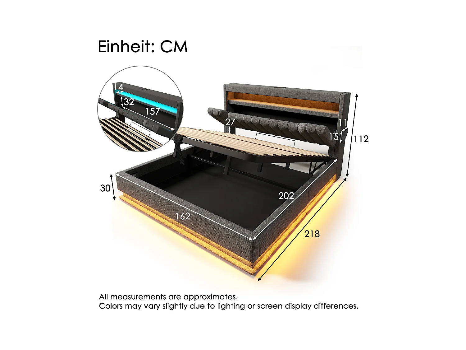 Lit coffre capitonné 160x200cm - avec LED - avec ports USB et Type-C - tissu en Lin - tête de lit avec espace de rangement - Gris
