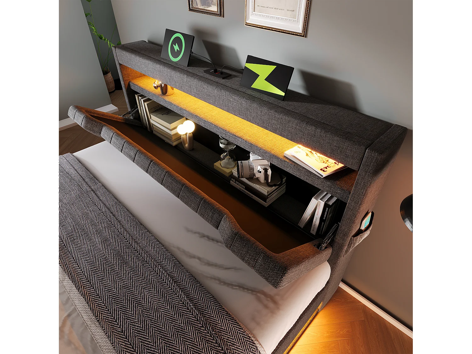 Lit coffre capitonné 160x200cm - avec LED - avec ports USB et Type-C - tissu en Lin - tête de lit avec espace de rangement - Gris
