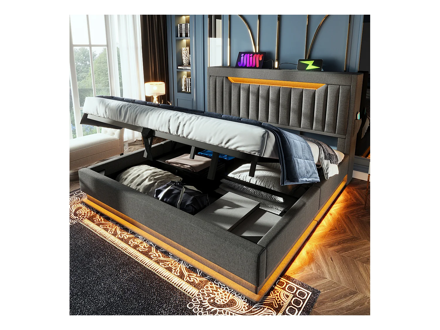 Lit coffre capitonné 180x200cm - avec LED - avec ports USB et Type-C - tissu en Lin - tête de lit avec espace de rangement - Gris