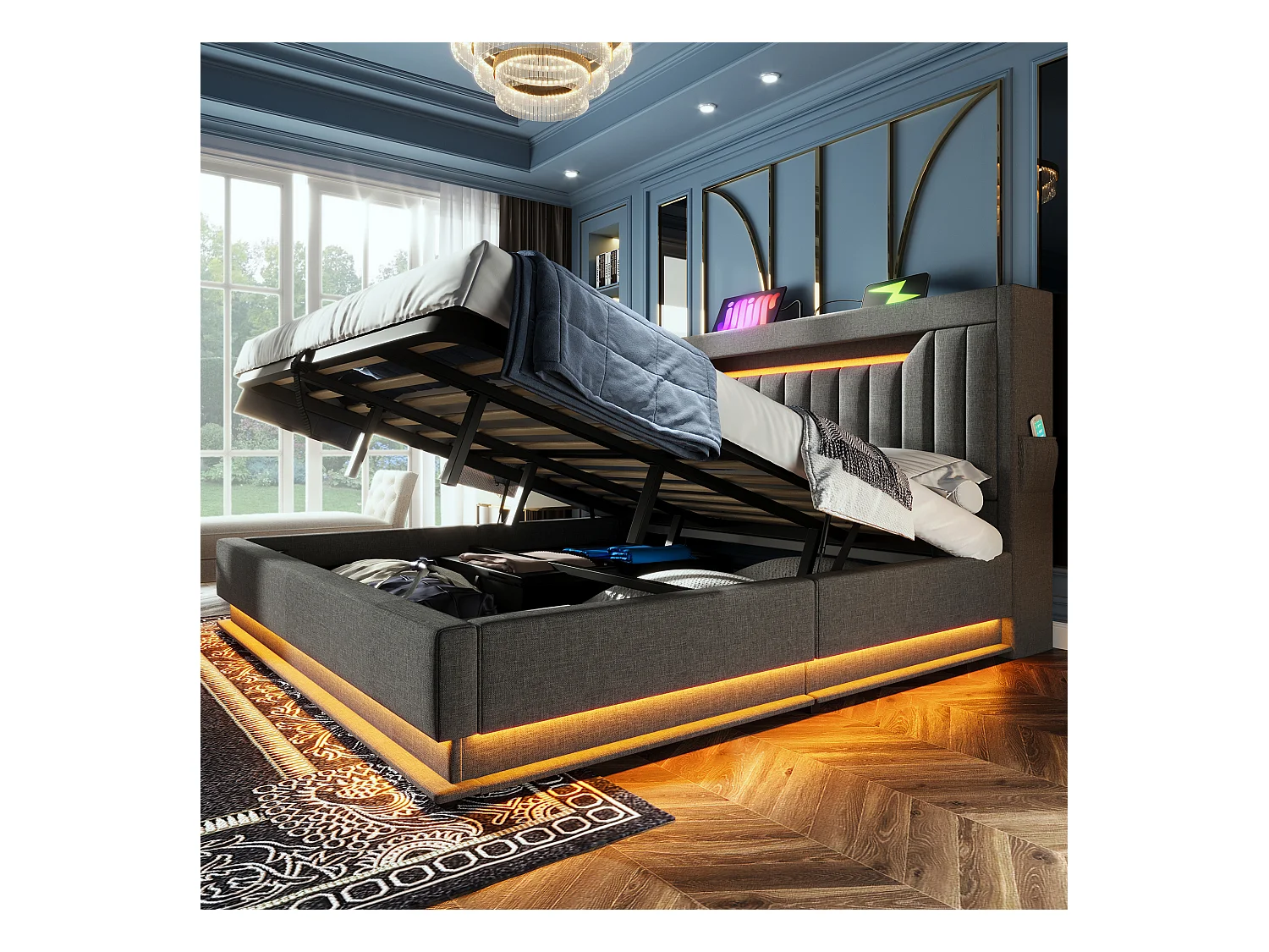 Lit coffre capitonné 180x200cm - avec LED - avec ports USB et Type-C - tissu en Lin - tête de lit avec espace de rangement - Gris